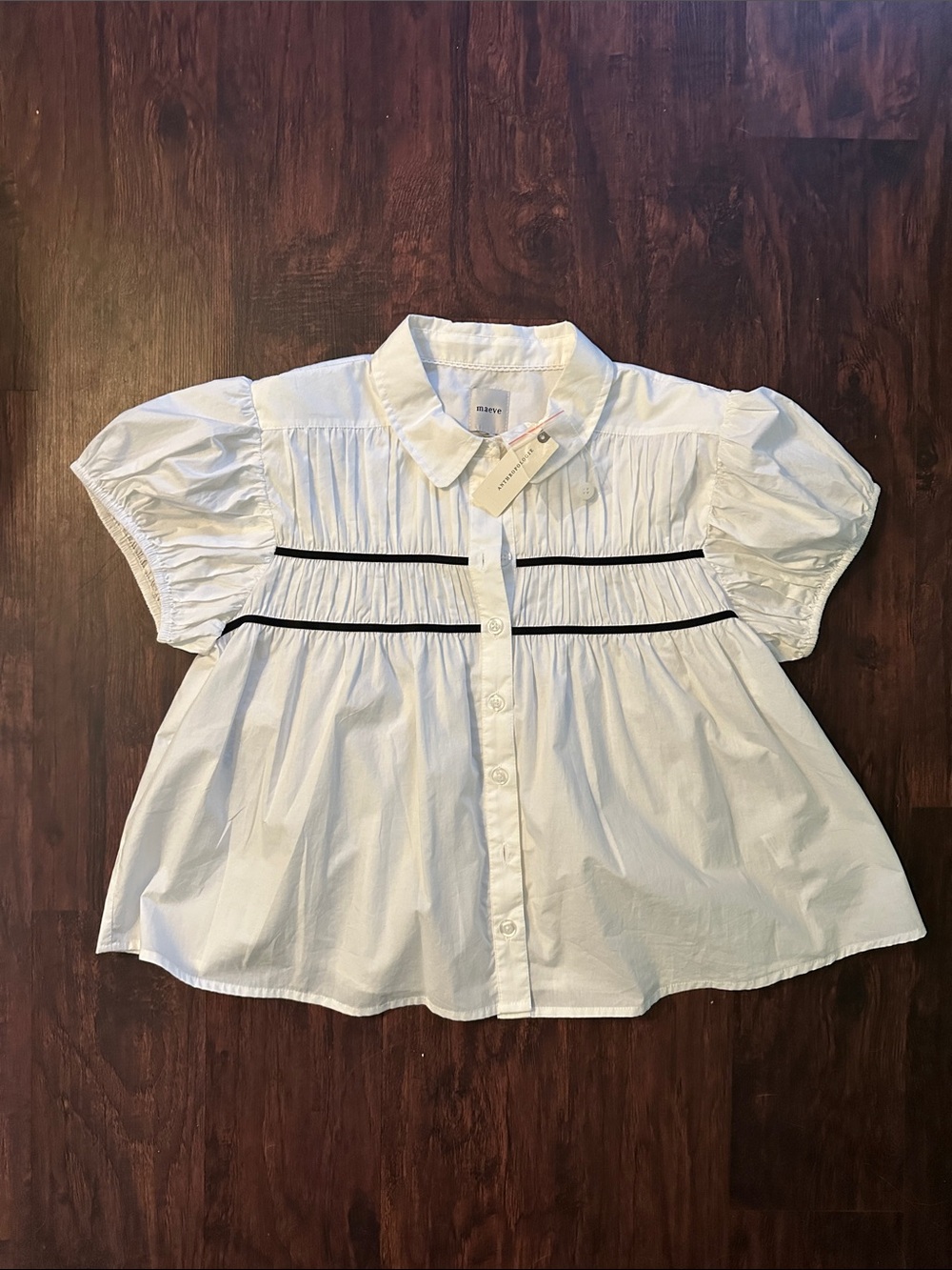 Anthropologie Maeve White women’s Puff Sleeve Button-Front Top with Black Trim